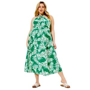 TORRID green & white palm leaf keyhole halter midi dress w/pockets size 0 (L/12)